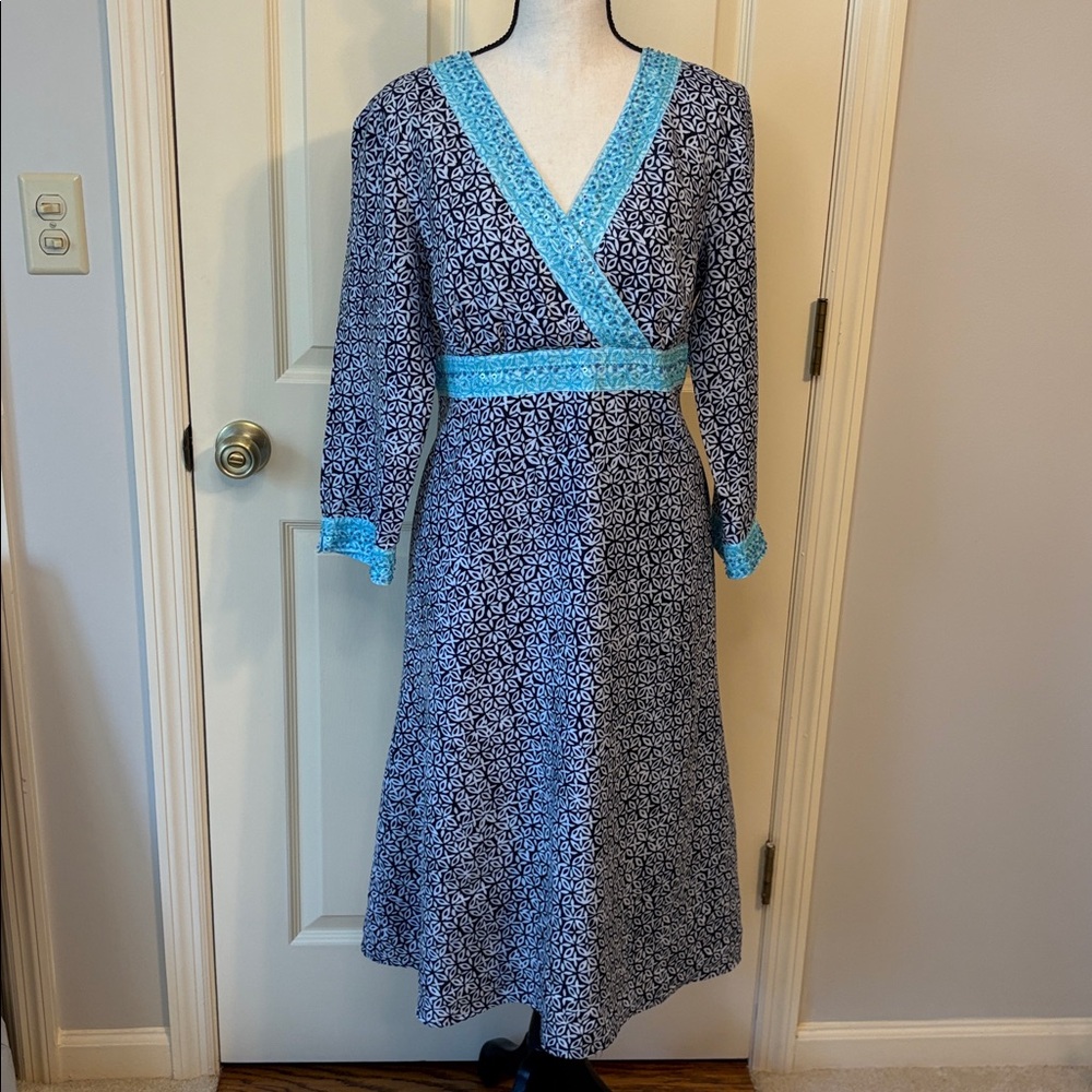 Sigrid Olsen 100% Linen Print Beaded Dress size 10